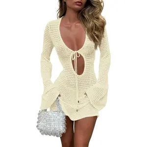 FMEYOA Womens Crochet Swimsuit Cover Up Long Bell Sleeve V Neck Tie Mesh Knit Summer Beach Dress Vacation Outfits