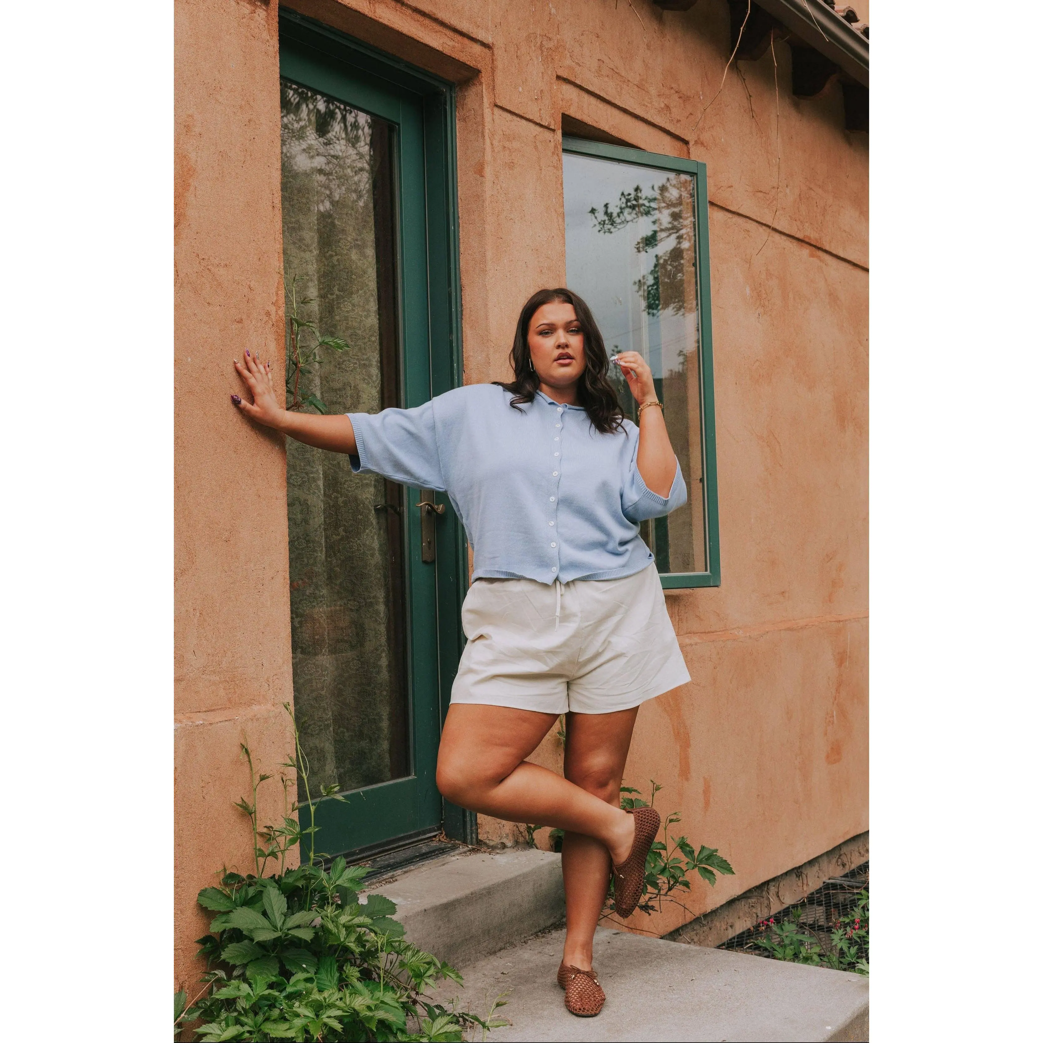 Carolina Blue Short-Sleeve Cardigan Cotton Fabric