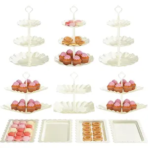 10 Pack Cake Stand Set with 3 x Two-Tier and 3 x Three-Tier Cupcake Stands, Plastic Dessert Table Stand Set 3 Tired Cookie Tray and 4 count Dessert Trays