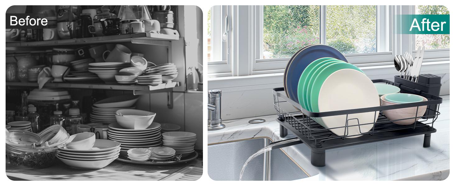 [New Deal] Dish Drying Rack for Kitchen Counter,Space-Saving Dish Rack with Drainboard,Rustproof Countertop Dish Drainer with Utensil Holder for Sink,Black