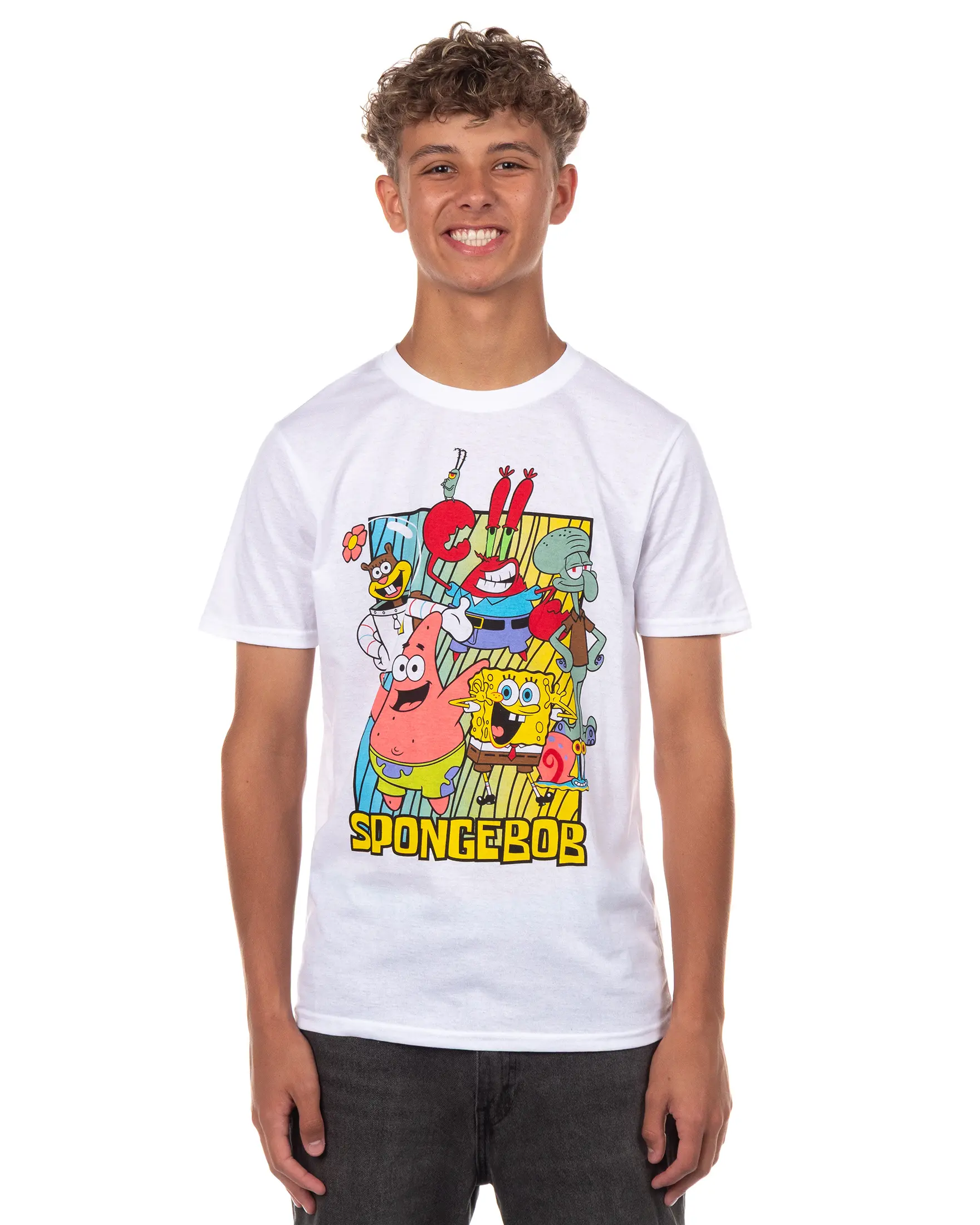 SpongeBob Squarepants Shirt Men's Squidward Patrick Sandy Short Sleeve Graphic Tee, Striped, Fabric