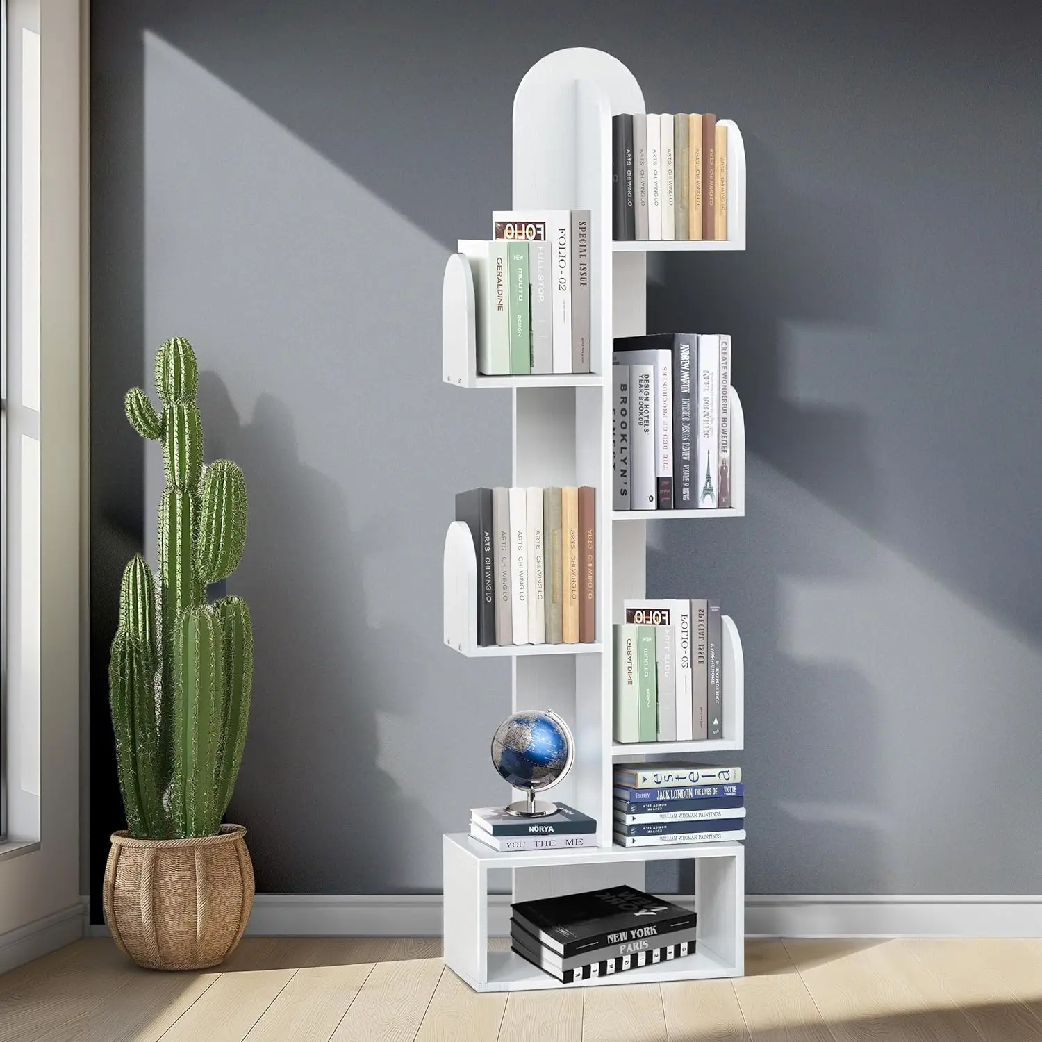 Cactus Tree Bookshelf, 5-Tier  50" Tall Corner Book Storage Rack for CDs/Movies/Books, Small Space-Saving Organizer Shelves for Living Room, Bedroom,  Office (White)
