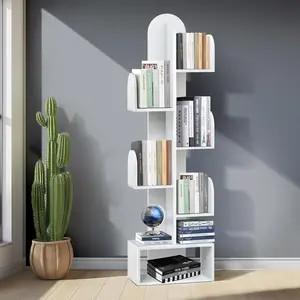 Cactus Tree Bookshelf, 5-Tier  50" Tall Corner Book Storage Rack for CDs/Movies/Books, Small Space-Saving Organizer Shelves for Living Room, Bedroom,  Office (White)