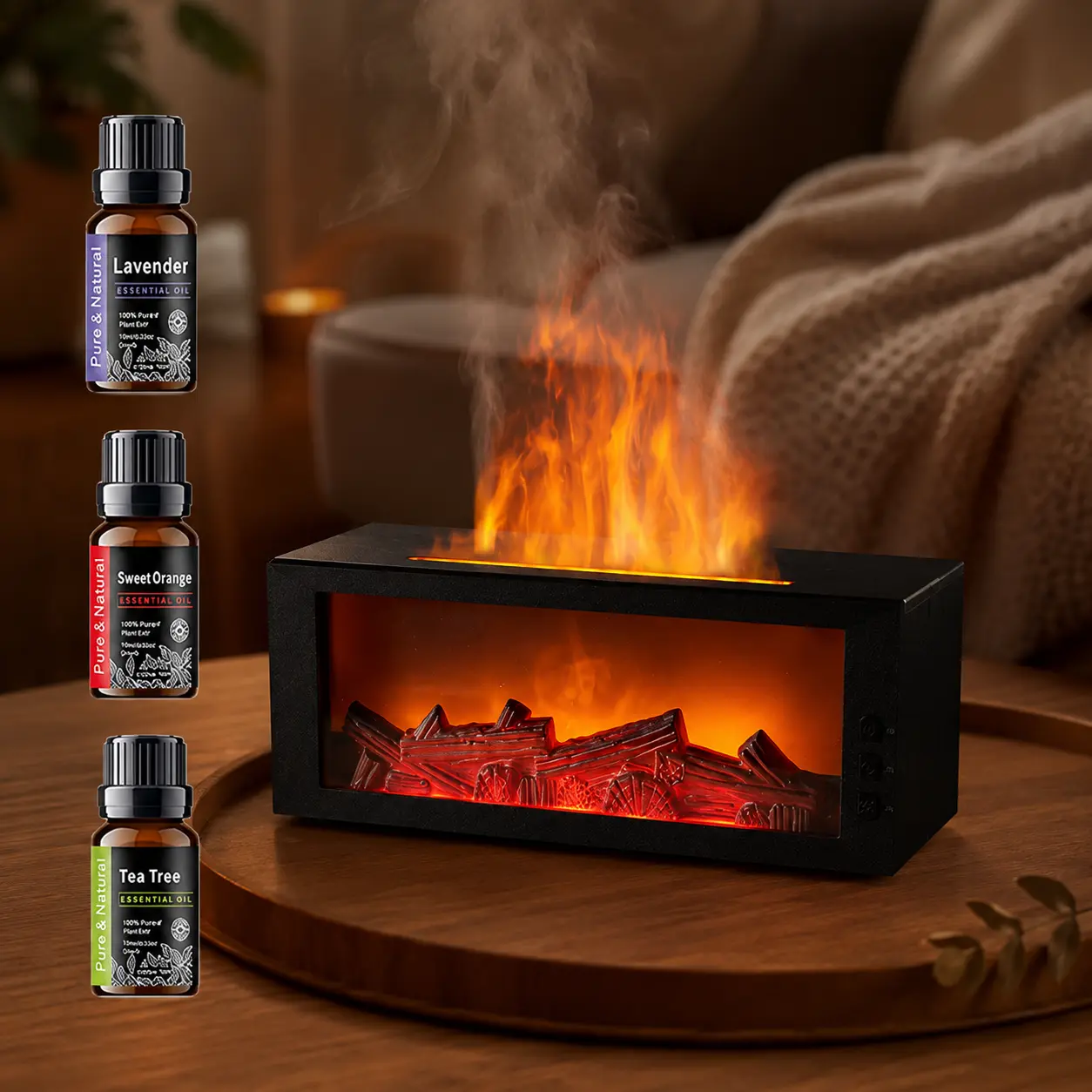 7 Color LED Fireplace Shape Flame Aroma Diffuser Quiet Essential Oil Humidifier With Auto Shut Off Function For Home Daily Use
