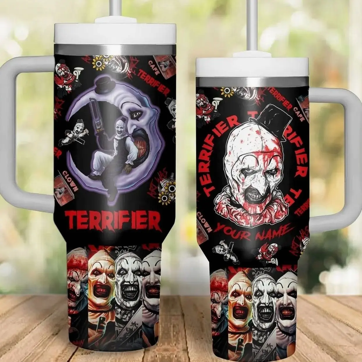 Custom Name Scary Killer Clown 40oz Tumbler with Handle | Personalized Slasher Horror Movie Travel Mug | Spooky Halloween Gift