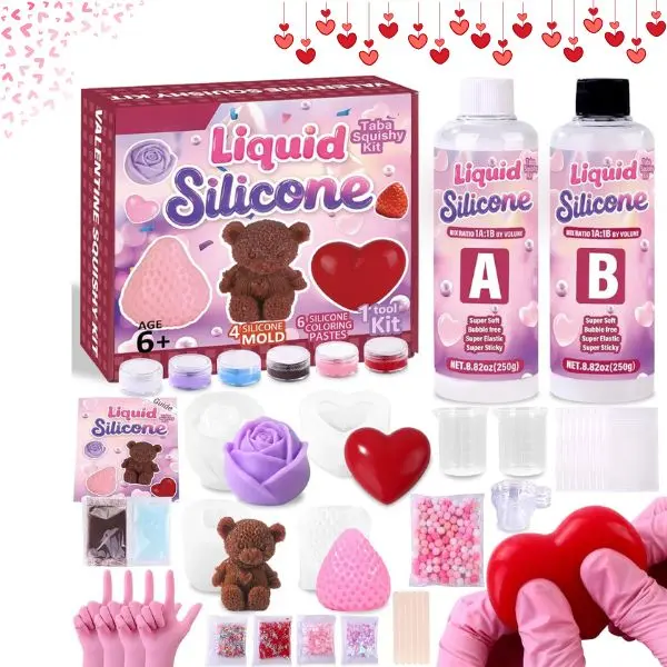 Valentine’s Day Squishy Making Kit – DIY FuFu Squishy Craft Kit with 18oz 1:1 AB Liquid Silicone & 3D Mold, Make Your Own Stress Relief Squishies, Valentine Party Favors, Kids & Teens Gift