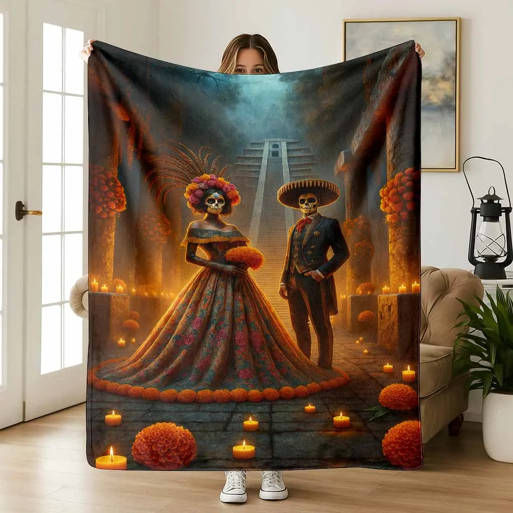 Day of the Dead Calavera Print Flannel Printed Blanket - Multi-Size Lightweight Blankets, Anti-Pilling, Breathable Soft Throw for Adults Napping, Indoor/Outdoor Living Room Home Decor Accent