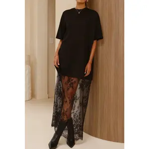 Black Floral Patchwork Short Sleeve T Shirt Loose Maxi Dress