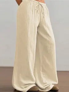 Plus Size Textured Cotton Linen Wide Leg Pants, Women's High Waist Drawstring Fat Hiding Casual Trousers
