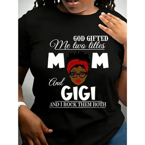 100% cotton T-shirt with MOM GIGI letter portrait print, casual short-sleeve round-neck top, women's clothing
