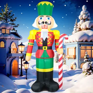 12FT Christmas Inflatables Giant Nutcracker Holds Candy Cane Green Blow up Giant Yard Decoration, Outdoor Built-in LED Lights Party Lawn Holiday Winter Decor Outside
