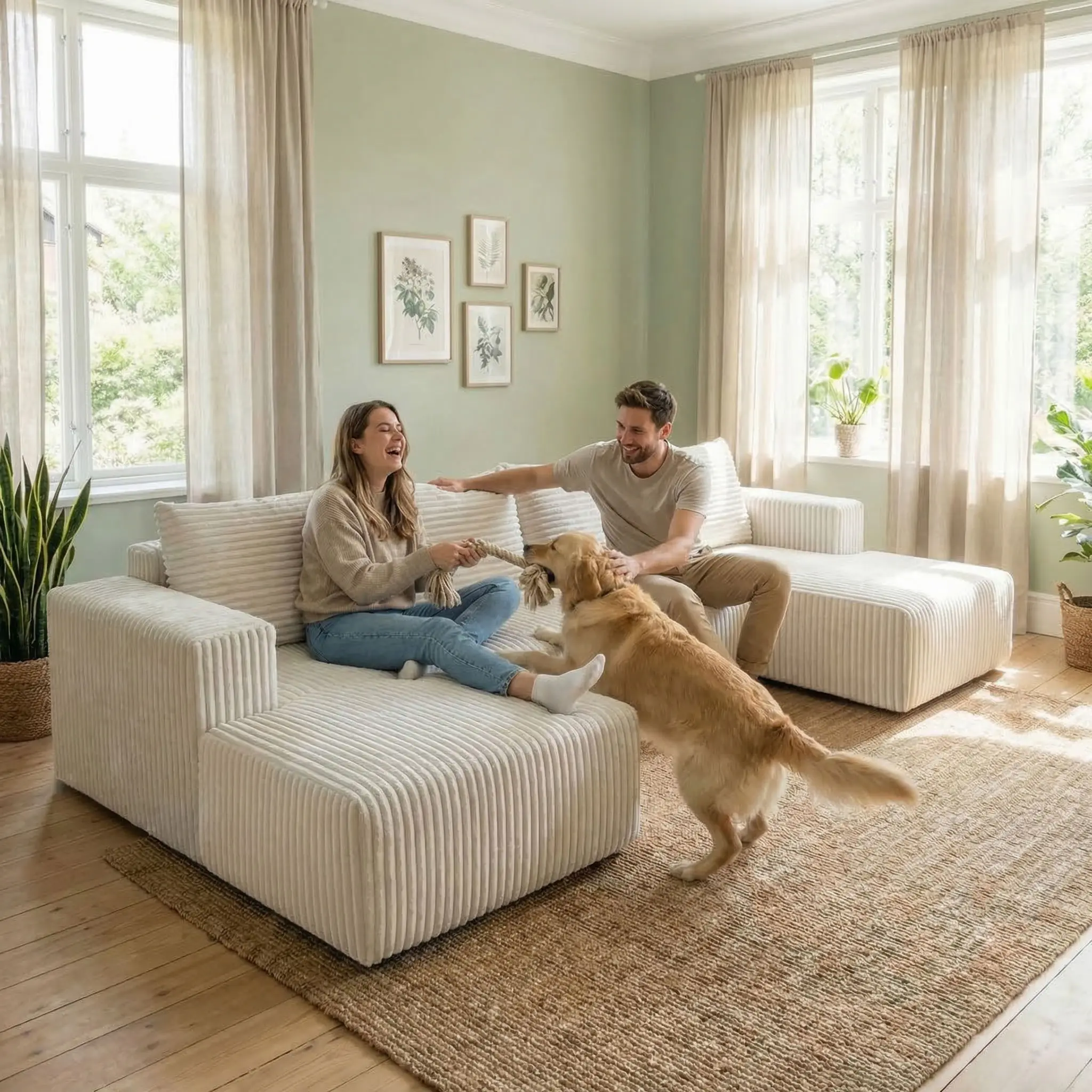132'' Corduroy Oversized Cloud Sofa Couch - Sturdy U-Shape Modular Sectional with Fixed Arms, 6 Soft Pillows, Multiple Seats, Oversized Depth, No Assembly Needed, Deep Seat Boneless Upholstery, 3 Way Living Room Furniture Set, Sectional Sofa