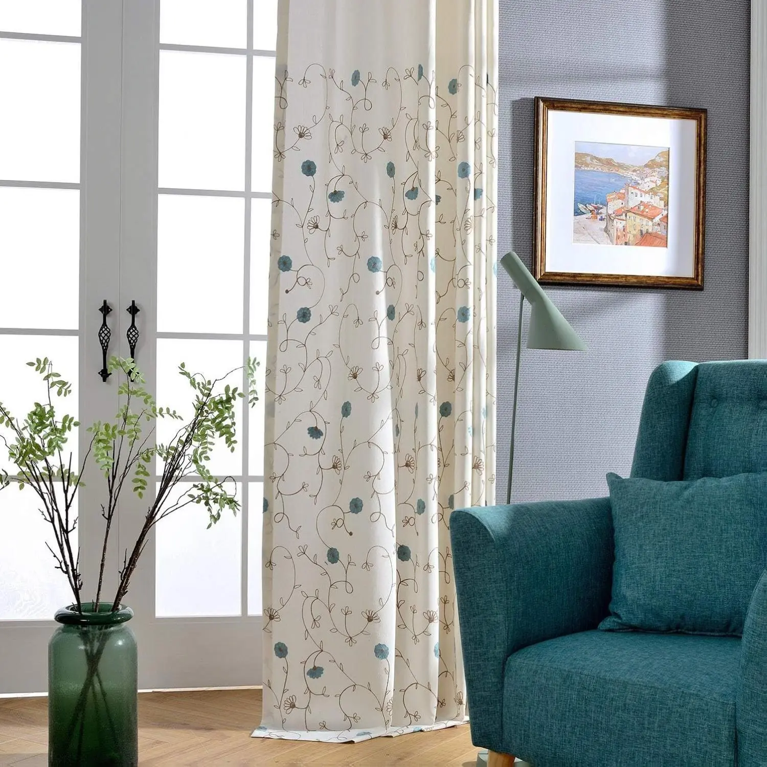 VOGOL Privacy Grommet Thermal Insulated Curtains, 2-Piece 52x63in Blue Vintage Floral Embroidered Polyester Panels, Semi-Blackout Machine Washable Drapes for Bedroom Decor, Thermal Insulated Curtain