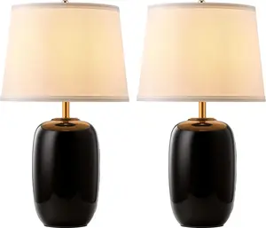 22 Inch Black Ceramic Table Lamps Set of 2, Fabric Lampshade Living Room Office Desk lamp, E26 Socket Rotary Switch Lighting for Bedroom, Nightstand, Reading, Office, Study, Corner, Home Decor