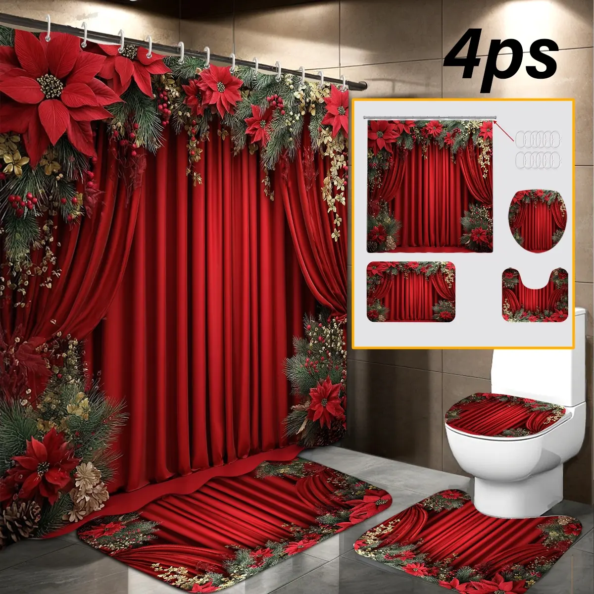 1/4pcs 72"x72" shower curtain, Valentine's Day curtain pattern, Bathroom supplies, red floral bathroom floor mat, toilet seat cover, waterproof fabric, comes with 12 plastic hooks, no drilling required, easy to install, perfect ho