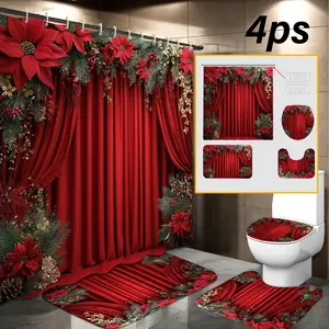 72"x72" shower curtain, Valentine's Day curtain pattern, four-piece set, Bathroom supplies, red floral bathroom floor mat, toilet seat cover, waterproof fabric, comes with 12 plastic hooks, no drilling required, easy to install, perfect ho