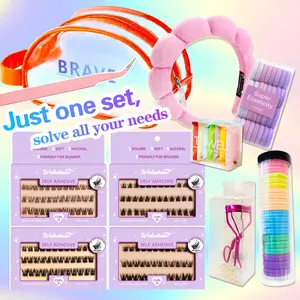 Eyelash Extension Kit, 1 Set Including 4 Pairs Self-adhesive Eyelashes, 1 Eyelash Curler, 2 Brushes, 2 Hair Ties, 1 Headband, 1 Compress Towel, 1 Makeup Bag, Cosmetic