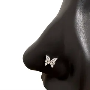 Statement Gold CZ Diamond Butterfly Nose Stud, Nose Rings for women, L-shape Nose Rings