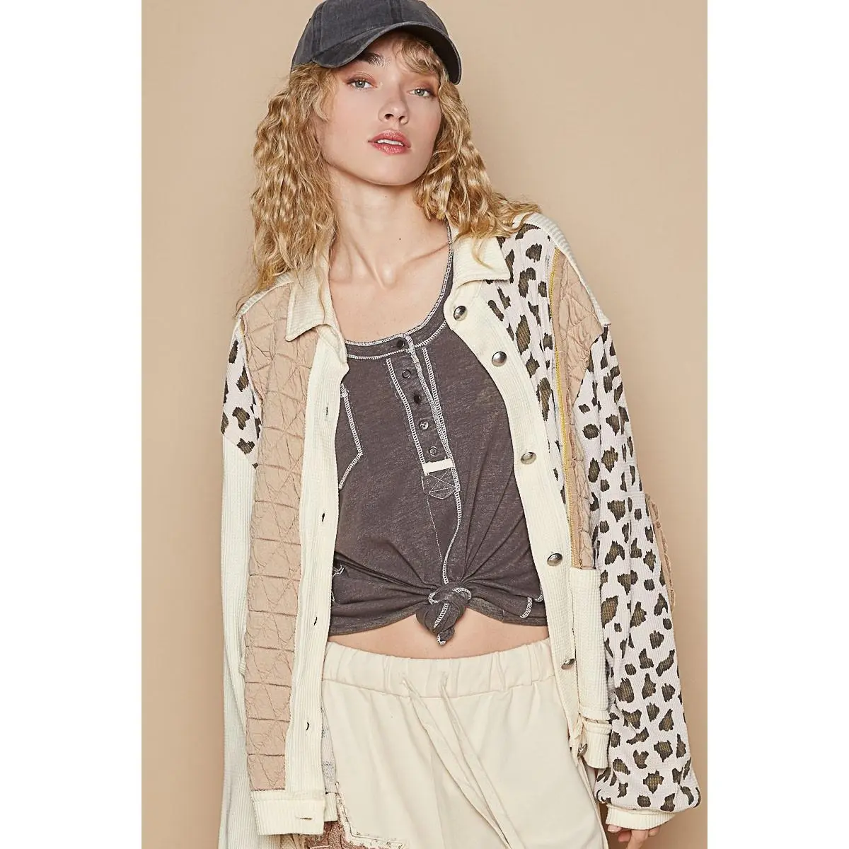 POL Leopard Exposed Seam Button Up Quilted Jacket