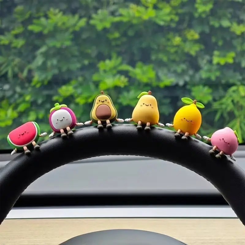 Fruit Car Rearview Mirror Decor, 6pcs PVC Mini Fruit Figurines, Cute Avocado Lemon Watermelon Ornaments, Car Interior Ornaments, Car Interior Accessories, Unique Gifts for Friends Family, Car Decoration Set
