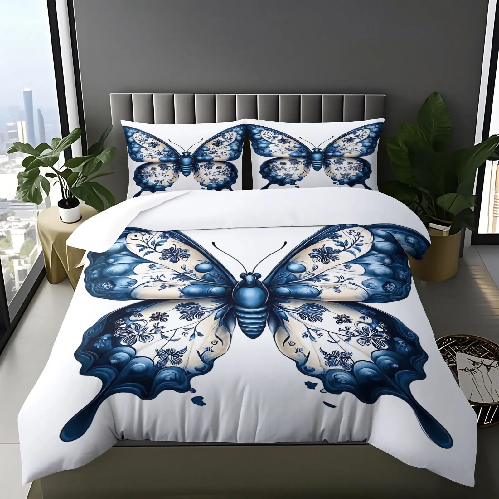 Blue & Porcelain Butterfly Duvet Cover Set, Chinoiserie Floral Print, Coreless Pillowcases, Oriental Themed Bed Linen for Bedroom Decor