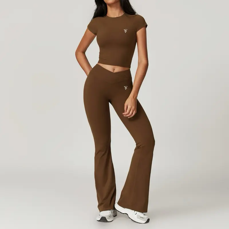 Nasmilk 2-Piece Fun Fit Set - Women's Short Sleeve Crop Top, Flared Leggings (Brown)