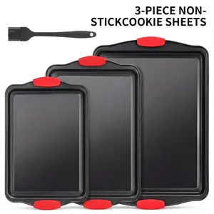 Baking Pans Set, 3-Piece, Nonstick Carbon Steel Cookware Sheets & Trays, Stackable Kitchen Oven Bakeware Cooking Sets with Silicone Handles, Easy to Clean, for Baking Cookie Cake Muffin Bread tiktokshopspringglowup
