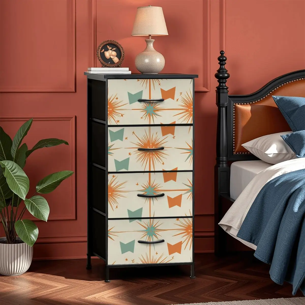 Atomic 50s Starburst Mid Century Modern Orange Teal 4-Drawer Dresser