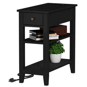 Narrow End Table with Charging Station, Side Table Living Room with USB Ports & Power Outlets and Hidden Drawer, 3-Tier Skinny Nightstand with 2 Open Storage Shelves for Small Place (Black)