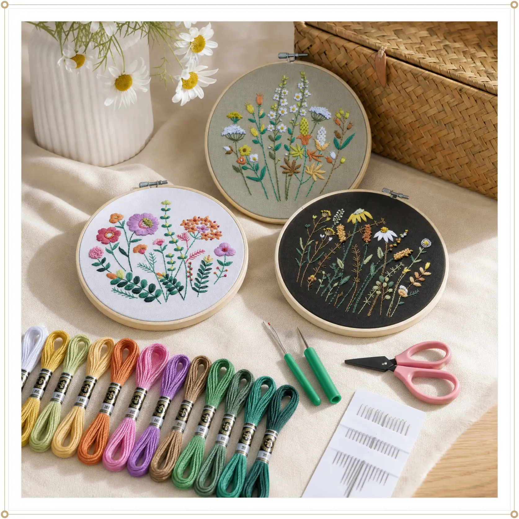 3-Pack Beginner Embroidery Kits for Adults - DIY Crafts Practice Set with Stamped Floral Stitch Designs, Embroidery Hoop, Vibrant Threads, Needles, Step-by-Step Instructions, Video Tutorial, Fabric