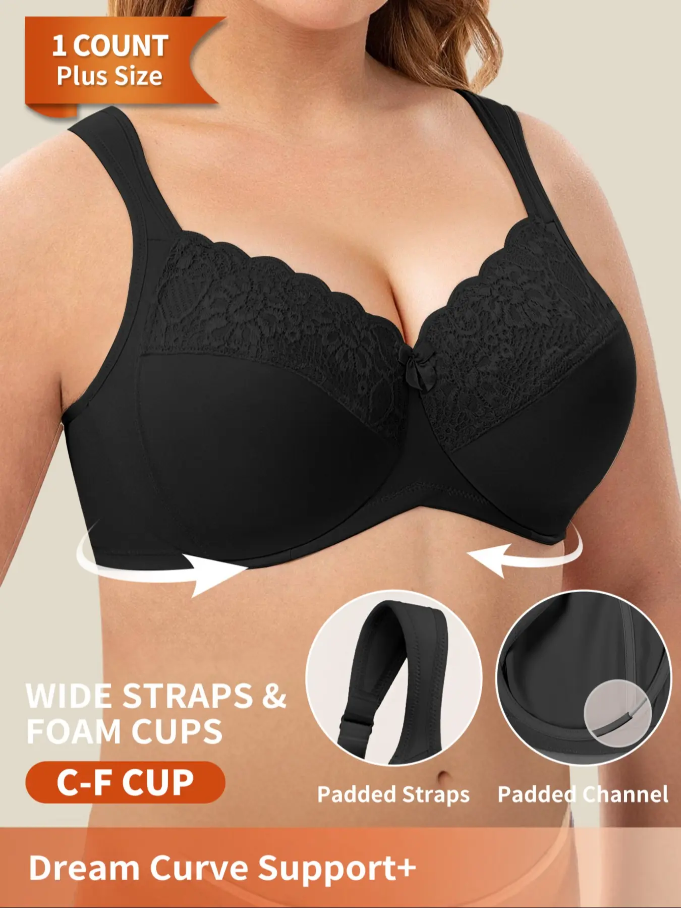 Morelect Plus Size Bralette, Full Coverage C-F Cup, Lace Trim, Wide Padded Straps, Comfortable Medium Support, Casual Lingerie