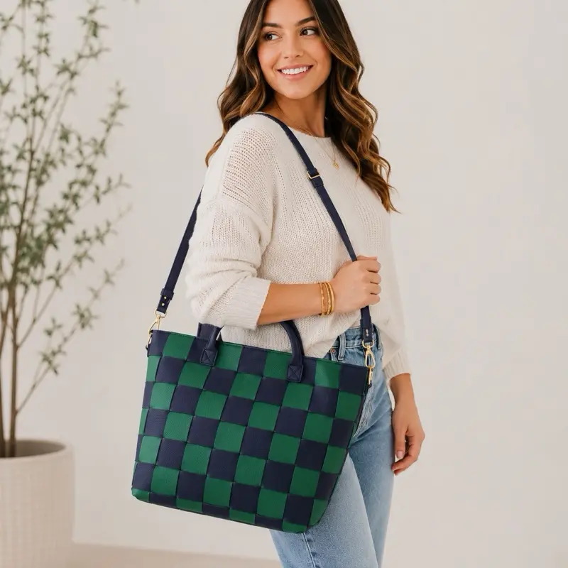 Pretty Simple Courtney Tote Woven Vegan Leather Checkered Navy/Green High Quality