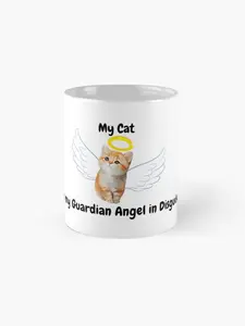 Ceramic Mug with Adorable Cat Design  - My Cat Is My Guardian Angel in Disguise - 11oz Unique Cat Lover Gift Washable Coffee Drinkware Reusable