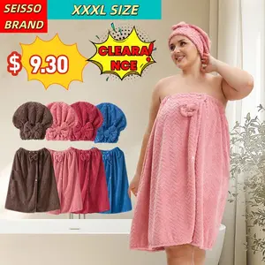 SEISSO   Super Thick & Extra Large  Red Wrap-around Bath Skirt Bath Towels with Hair Turban for Big Girls & XL Women - Single Size Fits All Versatile Use
