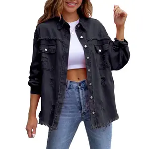 Women's Ripped Distressed Denim Jacket - Long Sleeve Button-Down Boyfriend Style Jean Coat Trucker Jacket Casual Basic Piece Tops Womenswear Chic Everyday Outdoors Oversized Skirts Statement Suits Fit Fitted Minimalist Multi-Color