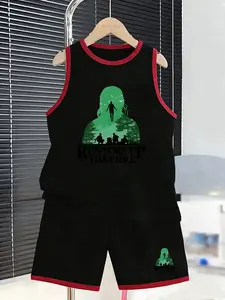 Stranger Things Style Boys' Sleeveless Set, Unique Trendy Look, Perfect for Daily Wear, Friend Gatherings, Summer Outing, Simple Print Design