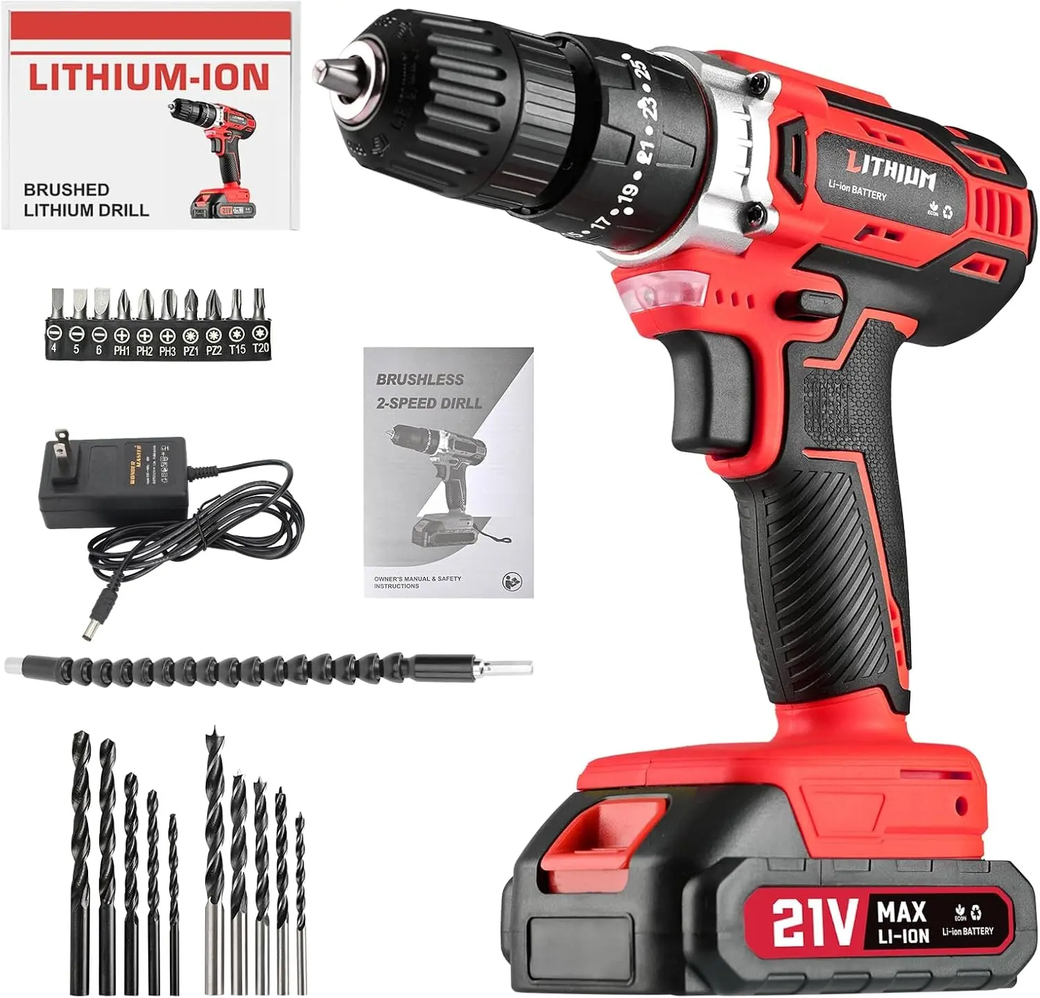 Cordless Power Drill Set, 21V Electric Drill Driver Kit with Battery and Fast Charger, 2 Variable Speed Control, 3/8-Inch Keyless Chuck and 24+1 Torque Setting with LED Light for Metal Surfaces,Wood