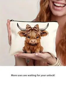 1 piece/2 pack, highland cow print cosmetic bag, with zipper closure - gift for lady's sisters, portable cosmetic storage bag for travel or daily use, cow print accessories, safety zipper design, lightweight bag, Handheld Cosmetic Pouch, Makeup Pouch