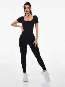 Women's Seamless Shapewear Jumpsuit, Long Knit Short Sleeve, Abdominal Control & Hip Lift, Nylon Elastic Comfort Fabric, Tummy Control Jumpsuit