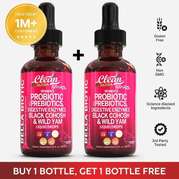 Clean Nutra BOGO | Women's Probiotic with Prebiotics, Digestive Enzymes, Black Cohosh & Wild Yam for Gut Health Vitamins - Bella Biotic Clean Nutra BOGO | Women's Probiotic with Prebiotics, Digestive Enzymes, Black Cohosh & Wild Yam for Gut Health Vitamins - Bella Biotic