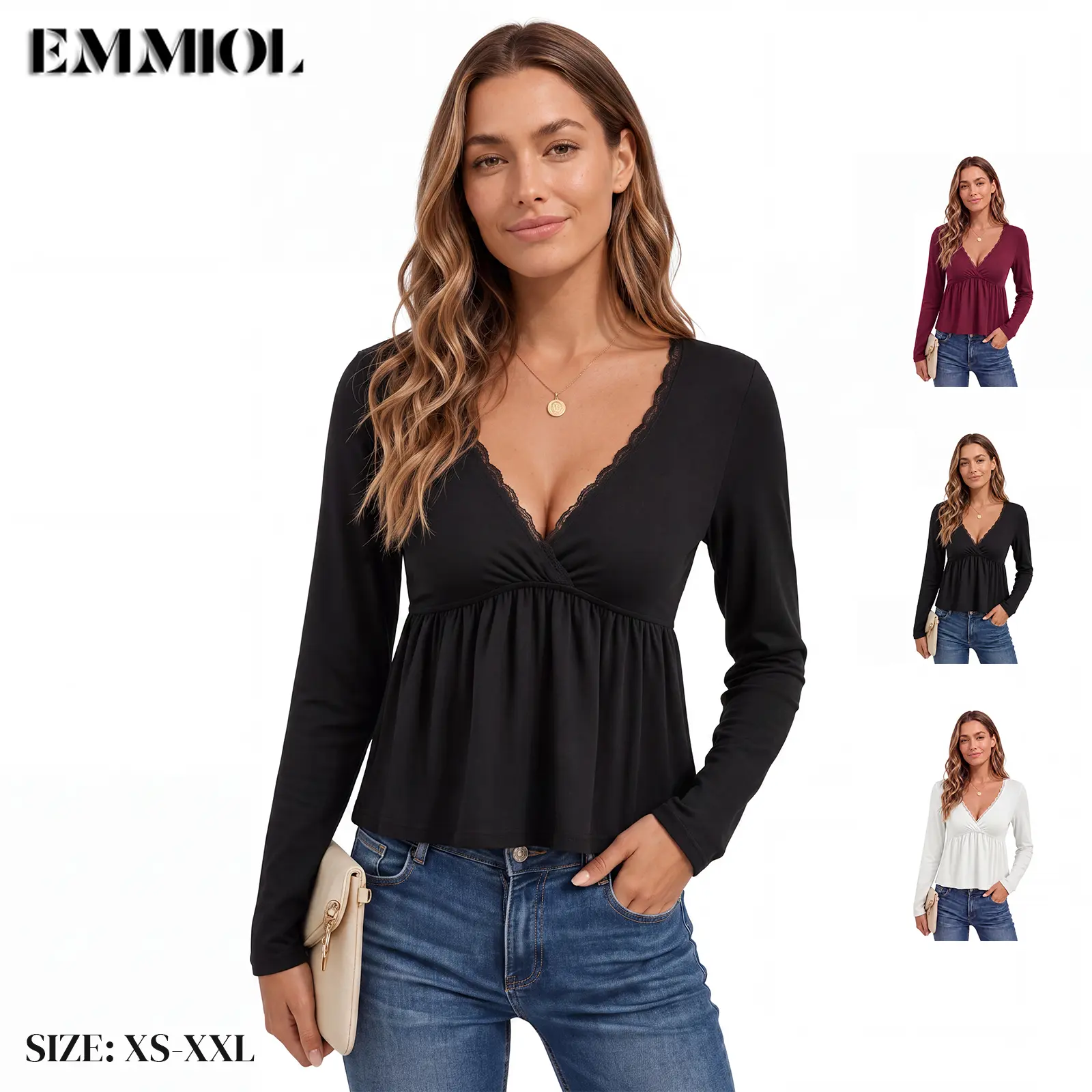 EMMIOL Peplum Tops for Women Long Sleeve Babydoll Tops Cute Y2K Shirts | V Neck with Lace Trim T Shirts, Casual Going Out Top 2026, Fall Trendy, Cute Summer Blouse, Peplum Tops, Stretchy Fabric