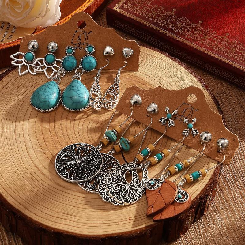 Bohemian  Set With Turquoise Necklace, Dangle Earrings, Stackable Bangle Bracelets, Knuckle Rings For Women  Western Boho Turquoise Anniversary Birthday Friendship