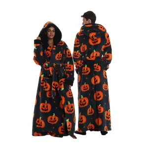 2025 New Cozy Soft Flannel Lined Hooded Bathrobe for Women and Men Thickened Long Sleeve Cute Skull Print Home Loungewear Sleepwear Gown with Relaxed Fit and White Panda Style