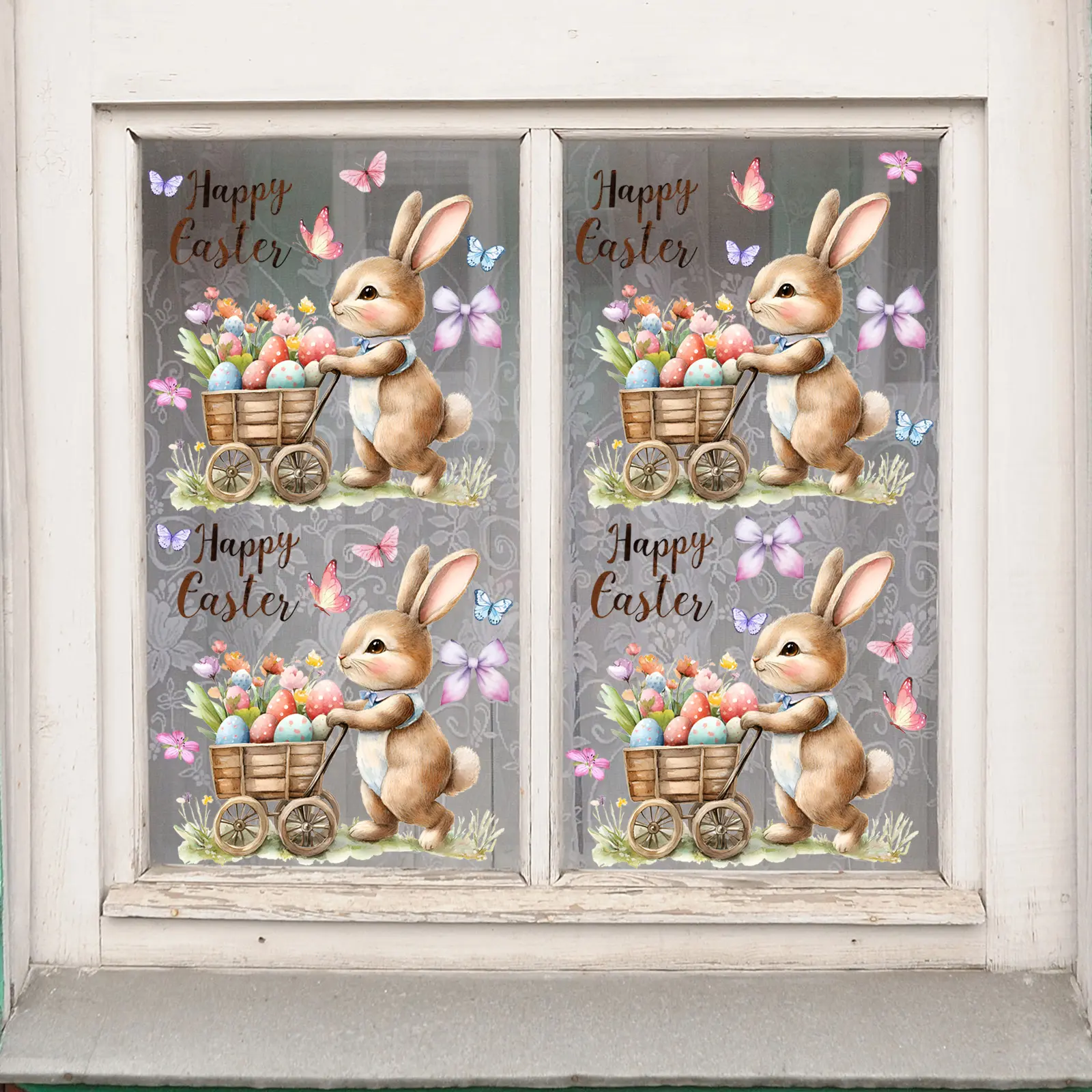 A set (30*30cm*4pcs) of Easter bunny, Easter egg and flower small window stickers for living room, bedroom - window stickers, decorative holiday window, shop window, bathroom glass door, self-adhesive DCT7079*4