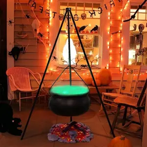 Halloween Decorations Outdoor  - Large Witches Cauldron on Tripod with Lights - Halloween Party Decorations - Black Plastic Bowl Decor