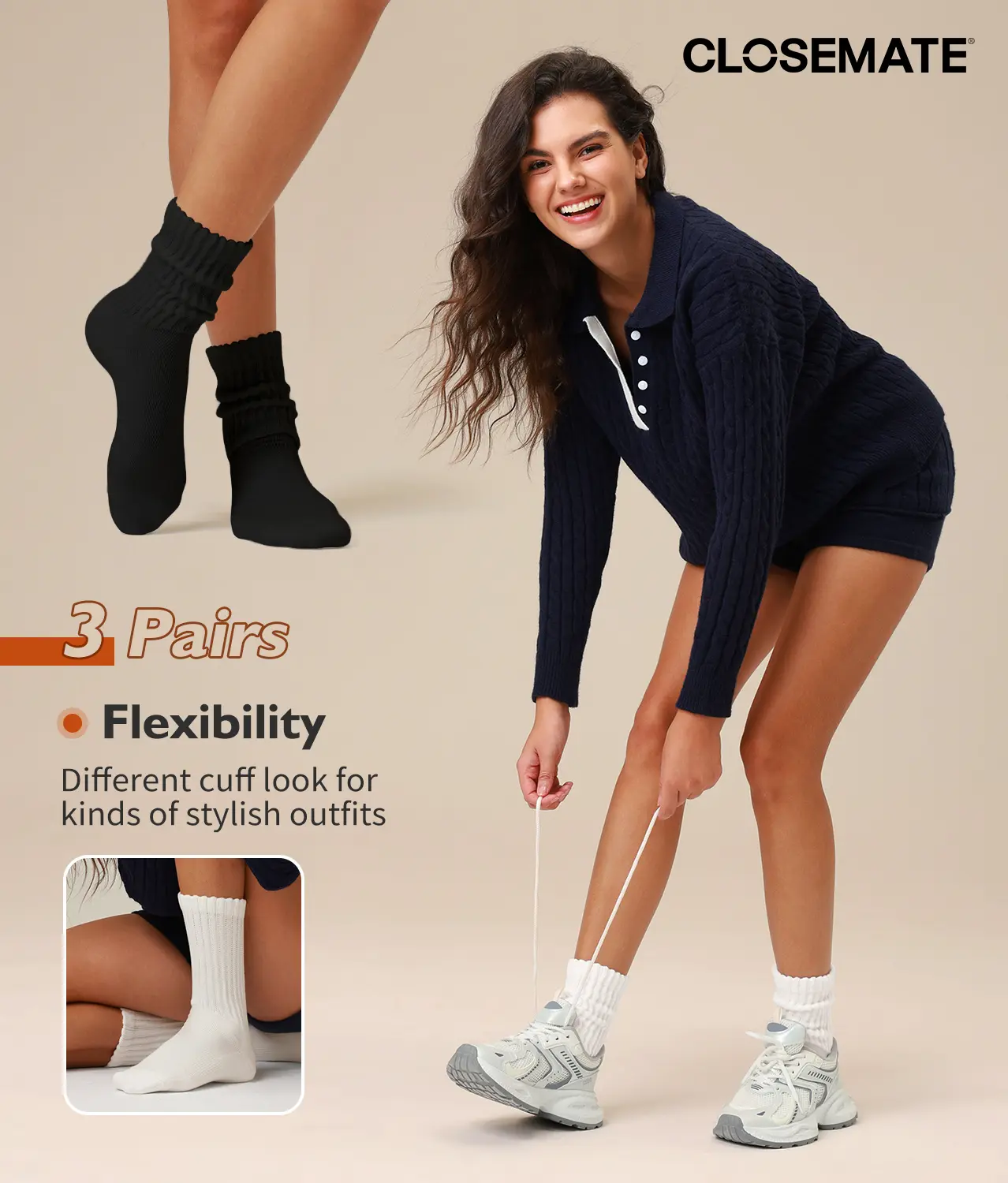 CLOSEMATE Women's Soft Slouch Cotton Crew Socks - Breathable Fabric Socks for Women, Ideal for Casual Boots, 3 Pairs