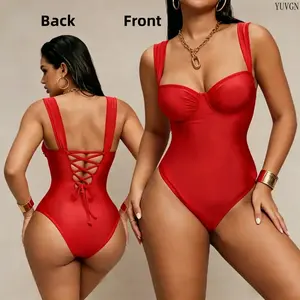2026 Trendy Red One Piece Swimsuit for Women, Lace-Up Back Design with Bust Support, High Waist Cheeky Fit, Stretchy Quick Dry Swimwear for Beach Pool Party Vacation