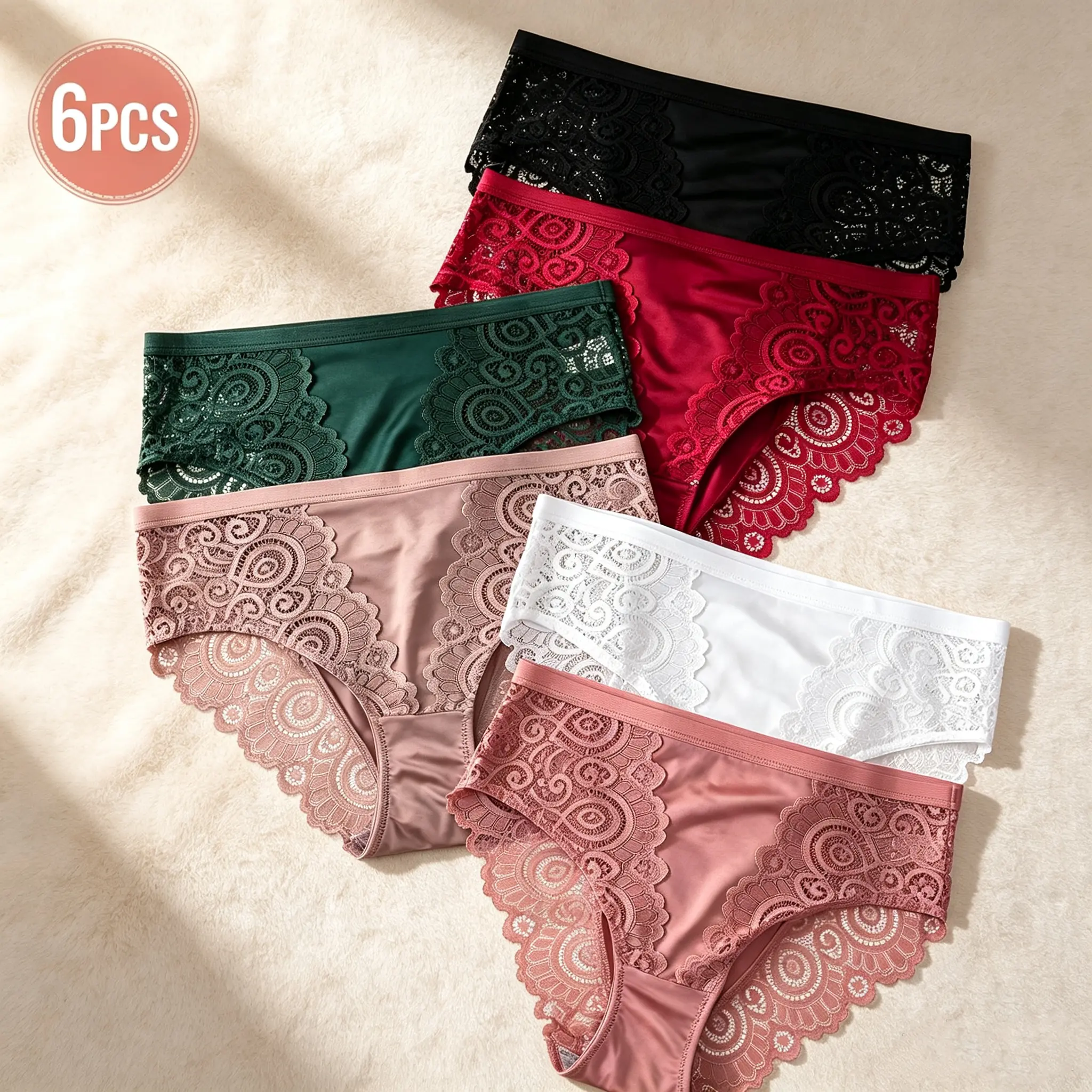 Women's 6-Pack Lace-Trimmed Pure Cotton Briefs Set. Super soft, breathable, stretchy, seamless, durable, anti-rolling, comfortable and close-fitting. Suitable for everyday wear by young women. Sizes S-XL.
