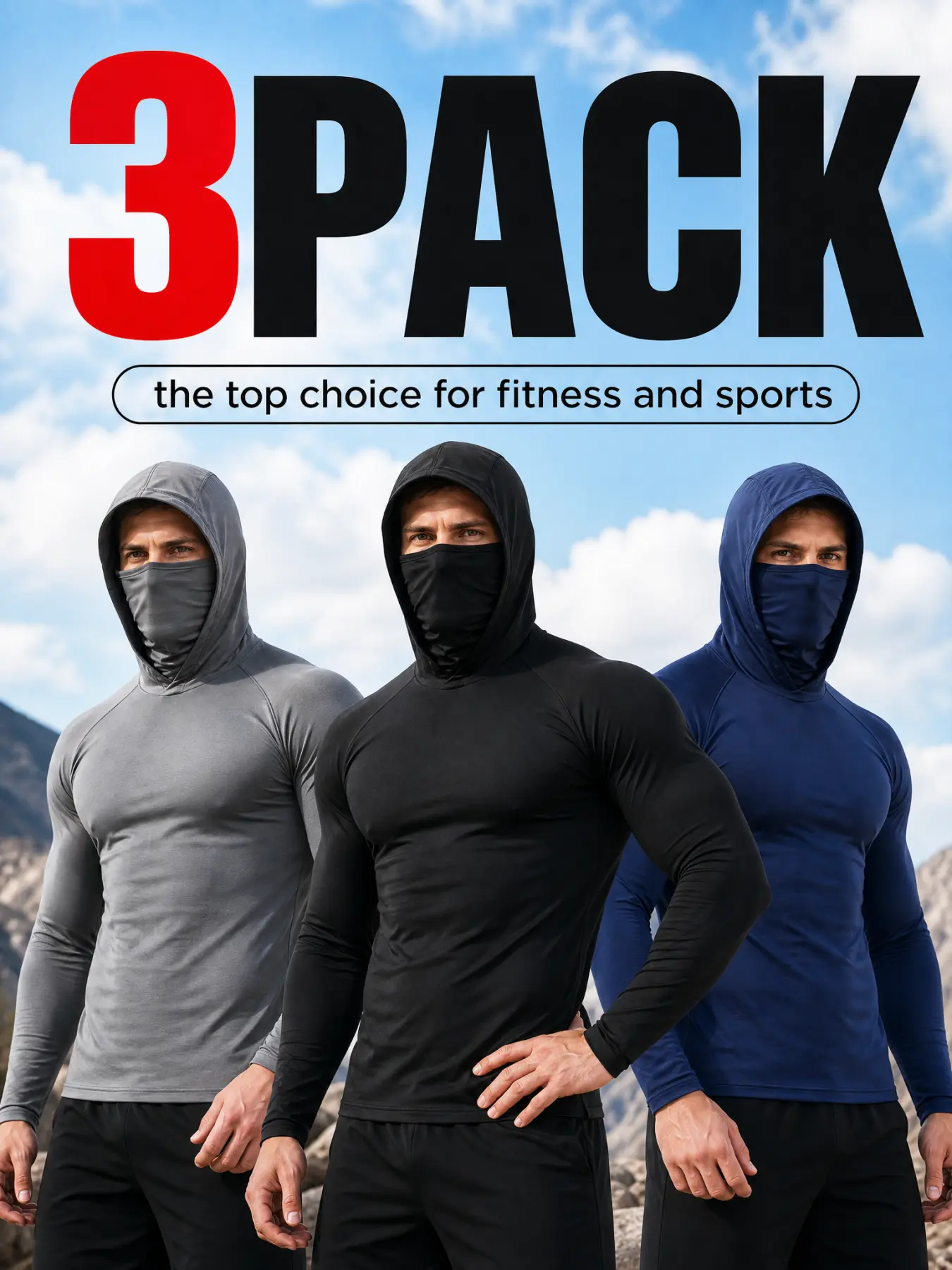 3/6Pack Men's Hooded Compression Shirts with Built-in Face Mask, Lightweight Performance Long Sleeve Tops for Outdoor Sports Running Training
