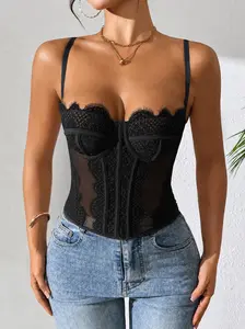 Black Floral Lace Corset Tops Women Y2K Sweetheart Neck Tank Top Spaghetti Strap Underwire Boned Waist Trainers Night Out Going Out Elevated Dressy Club Party Summer Spring Tops Cute Sexy Romantic
